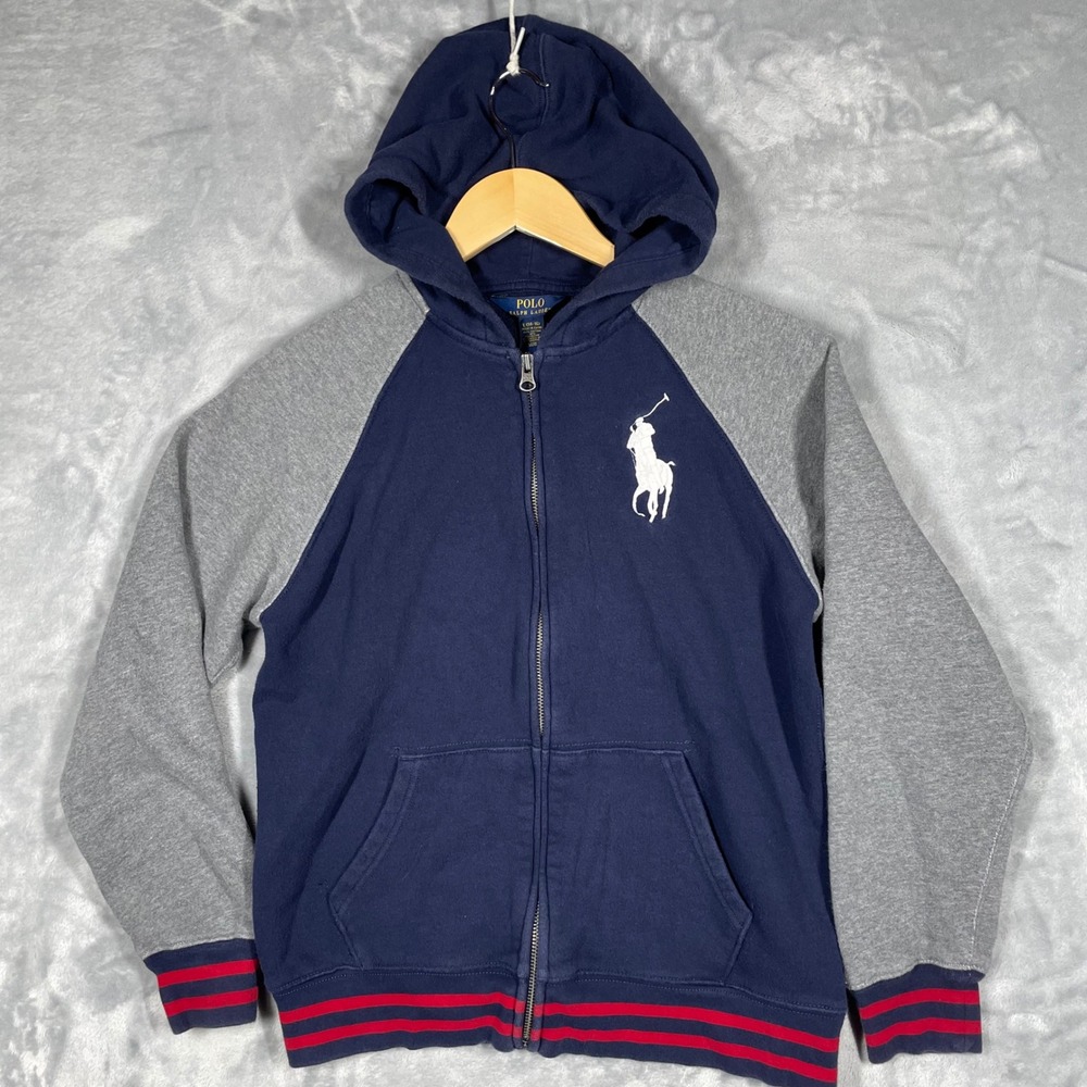 Polo Ralph Lauren Boys L 14-16 Big Pony Zip Hoodie Navy Gray Striped Trim 4720